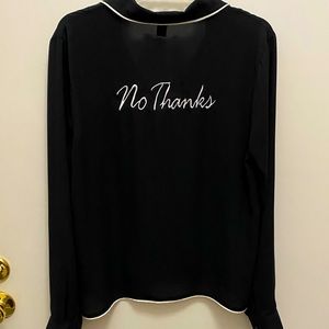 No Thanks embroidered blouse, black with white piping size XL